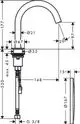 Technische Zeichnung eines Waschtischmischers von AXOR. Das Diagramm zeigt Maße, Anschlussstellen und Designmerkmale des Produkts.